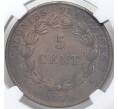 Монета 5 сантимов 1839 года Французские Колонии (Французская Вест-Индия) В слабе NGC (MS 63 BN) (Артикул M2-57605)