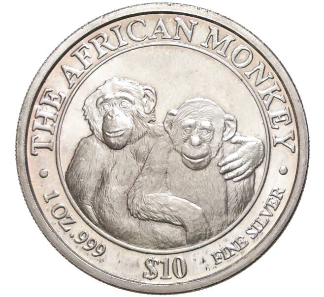 Монета 10 долларов 2000 года Либерия «Африканские обезьяны — Шимпанзе» (Артикул K11-80998)