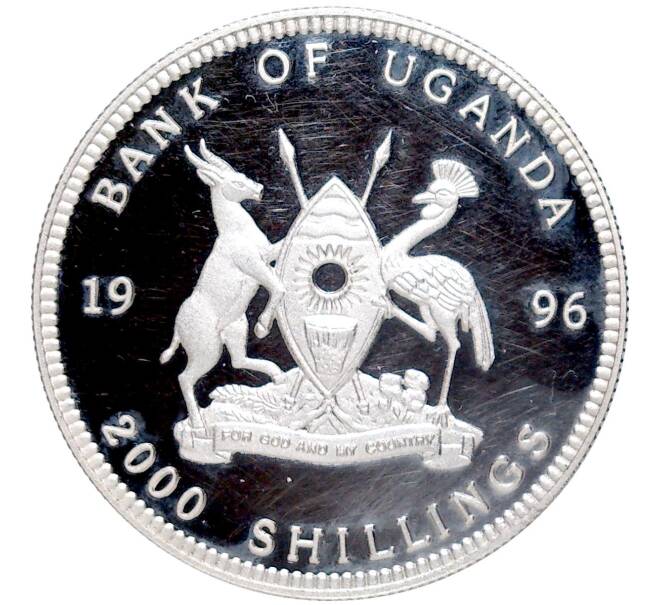 Монета 2000 шиллингов 1996 года Уганда «Знаменитые места мира — Памятник Вильгельму Теллю в Альтдорфе (Шваейцария)» (Артикул K27-81239)