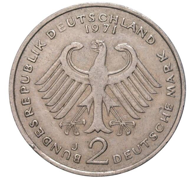 Монета 2 марки 1971 года G Западная Германия (ФРГ) «Теодор Хойс» (Артикул: K11-82716) — Фото №2