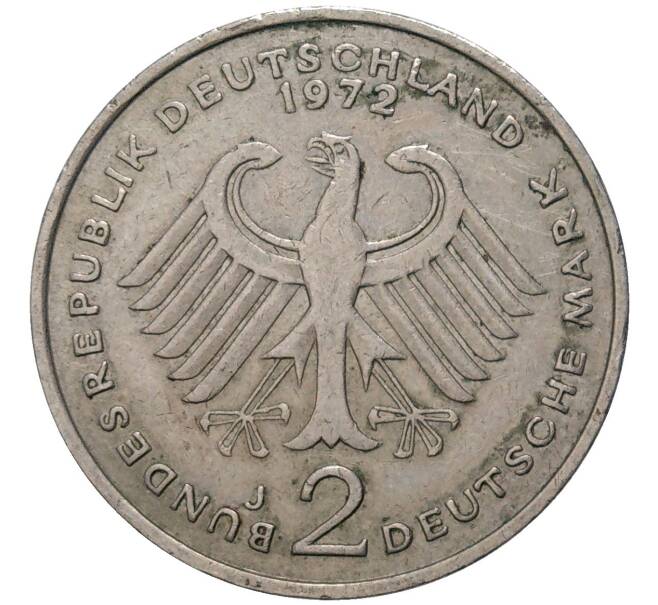Монета 2 марки 1972 года J Западная Германия (ФРГ) «Теодор Хойс» (Артикул: K11-82724) — Фото №2