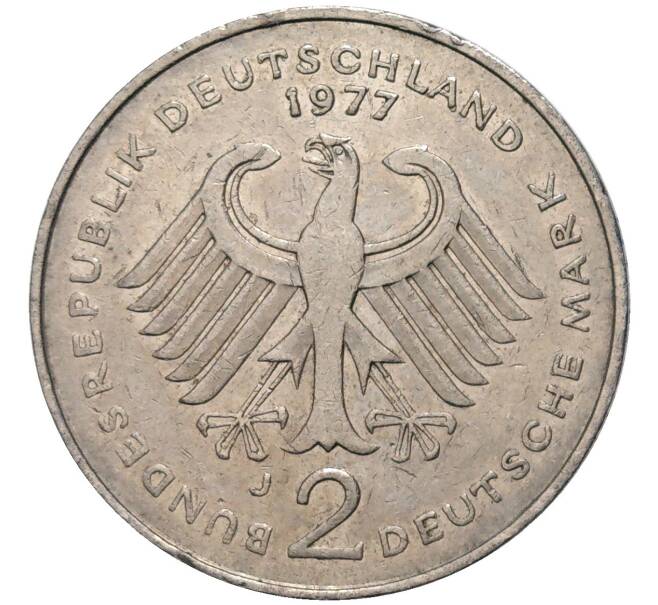Монета 2 марки 1977 года J Западная Германия (ФРГ) «Теодор Хойс» (Артикул K11-82745)