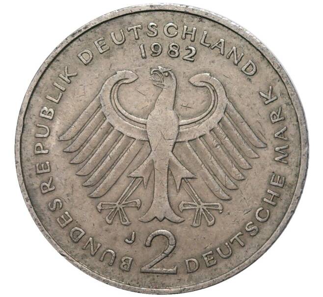Монета 2 марки 1982 года J Западная Германия (ФРГ) «Теодор Хойс» (Артикул K11-82752)