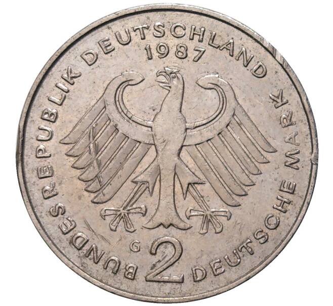 Монета 2 марки 1987 года G Западная Германия (ФРГ) «Курт Шумахер» (Артикул: K11-82764) — Фото №2