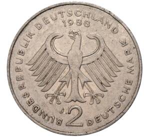 2 марки 1988 года J Западная Германия (ФРГ) «Курт Шумахер»
