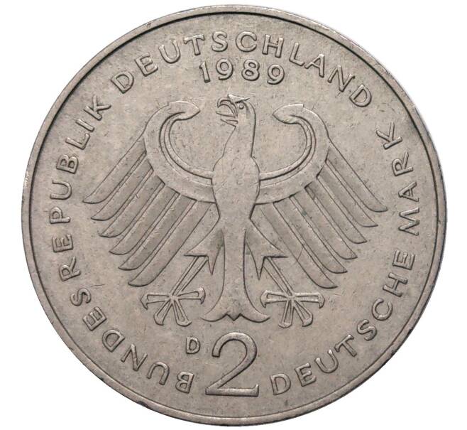 Монета 2 марки 1989 года D Западная Германия (ФРГ) «Курт Шумахер» (Артикул K11-82773)