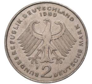 2 марки 1989 года F Западная Германия (ФРГ) «Курт Шумахер»