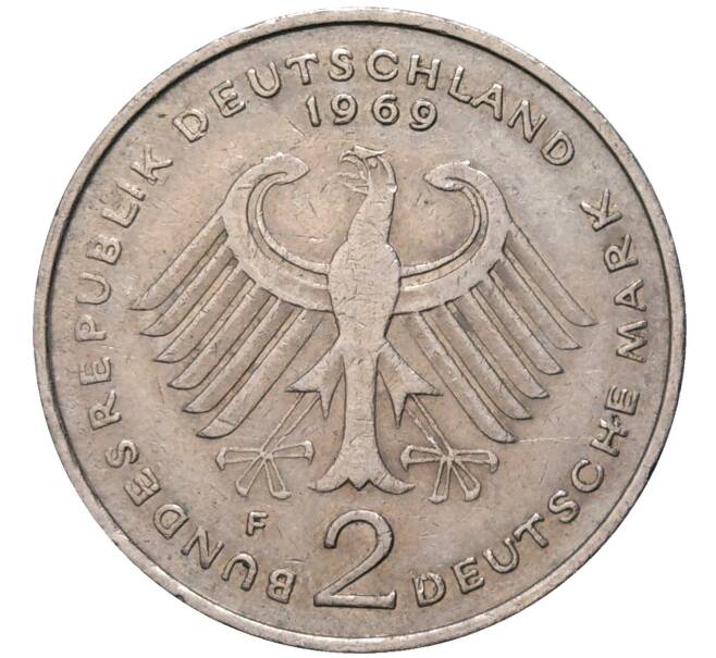 Монета 2 марки 1969 года F Западная Германия (ФРГ) «Конрад Аденауэр» (Артикул K11-82790)