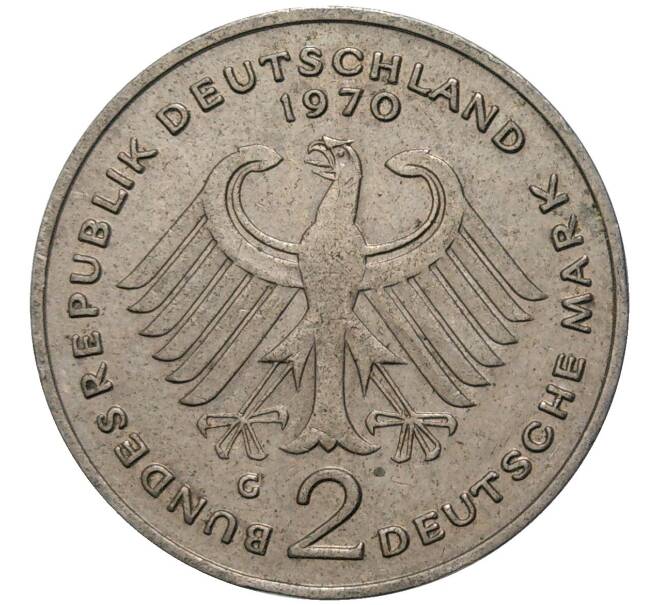 Монета 2 марки 1970 года G Западная Германия (ФРГ) «Конрад Аденауэр» (Артикул K11-82792)