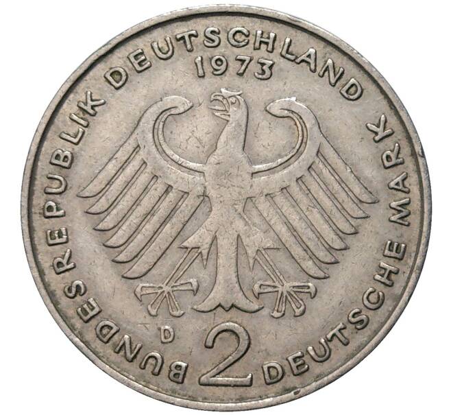 Монета 2 марки 1973 года D Западная Германия (ФРГ) «Конрад Аденауэр» (Артикул K11-82803)