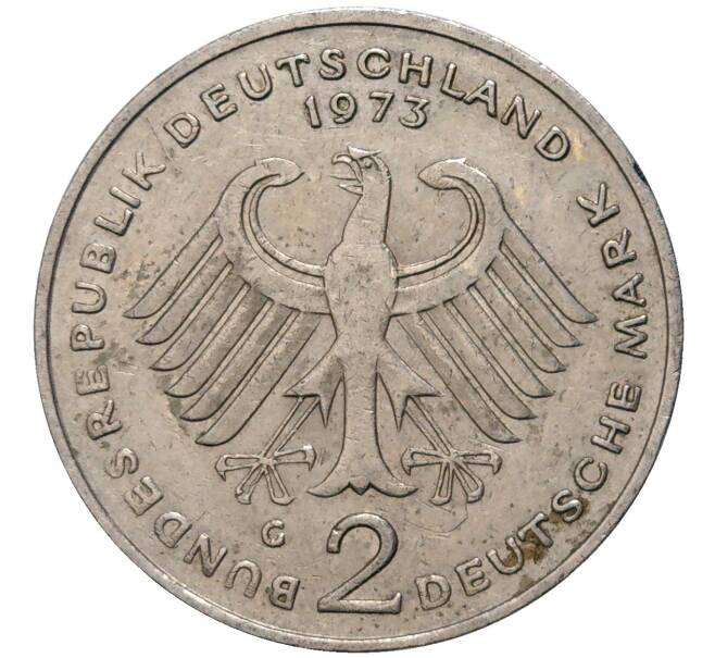 Монета 2 марки 1973 года G Западная Германия (ФРГ) «Конрад Аденауэр» (Артикул K11-82804)