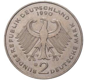 2 марки 1990 года D Западная Германия (ФРГ) «Людвиг Эрхард»