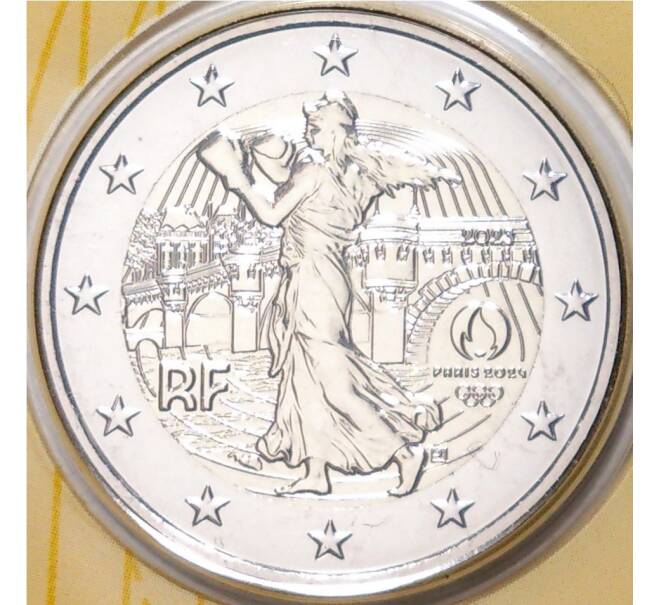 Монета 2 евро 2023 года Франция «XXXIII летние Олимпийские игры 2024 в Париже» (Желтый блистер) (Артикул M2-59754)