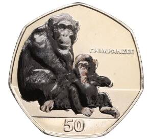 50 пенсов 2018 года Гибралтар «Приматы — Обыкновенный шимпанзе» (Цветное покрытие)