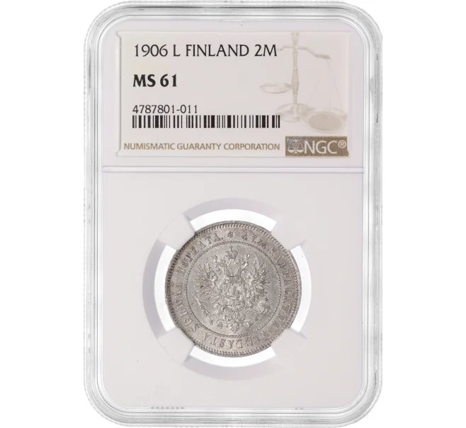 Монета 2 марки 1906 года Русская Финляндия — в слабе NGC (MS61) (Артикул M1-50269)