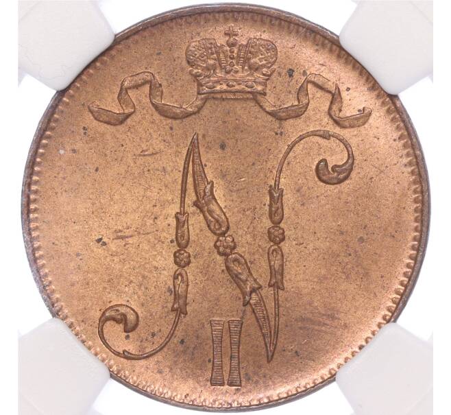 Монета 5 пенни 1916 года Русская Финляндия — в слабе NGC (MS64RB) (Артикул M1-50276)