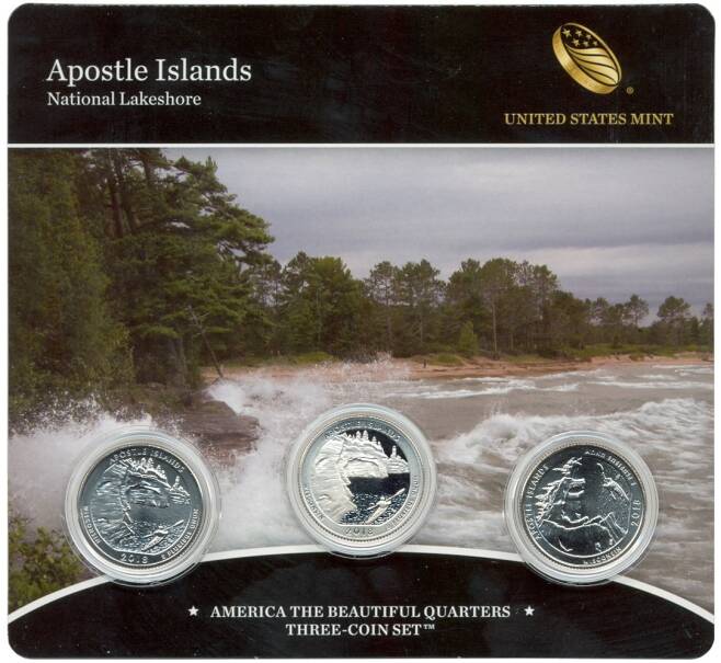 Набор из 3 монет 1/4 доллара (25 центов) 2018 года США «Национальные парки — №42 Национальное побережье Апостл-Айлендс» (Артикул M3-1084)