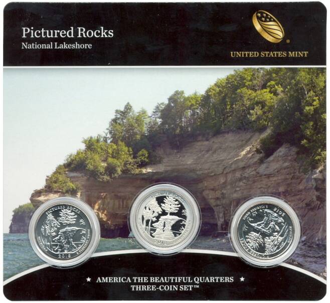 Набор из 3 монет 1/4 доллара (25 центов) 2018 года США «Национальные парки — №41 Национальное побережье живописных камней» (Артикул M3-1085)