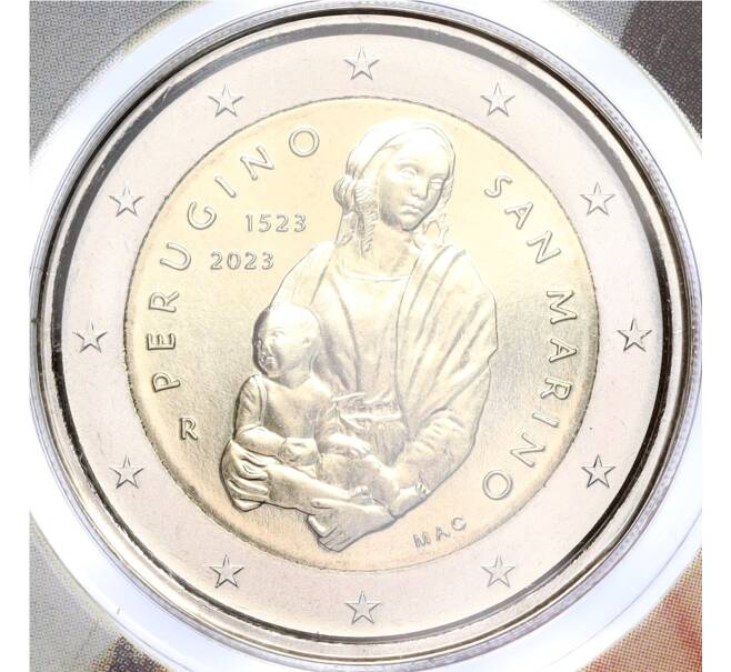 Монета 2 евро 2023 года Сан-Марино «500 лет со дня смерти Пьетро Перуджино» (в блистере) (Артикул M2-62232)