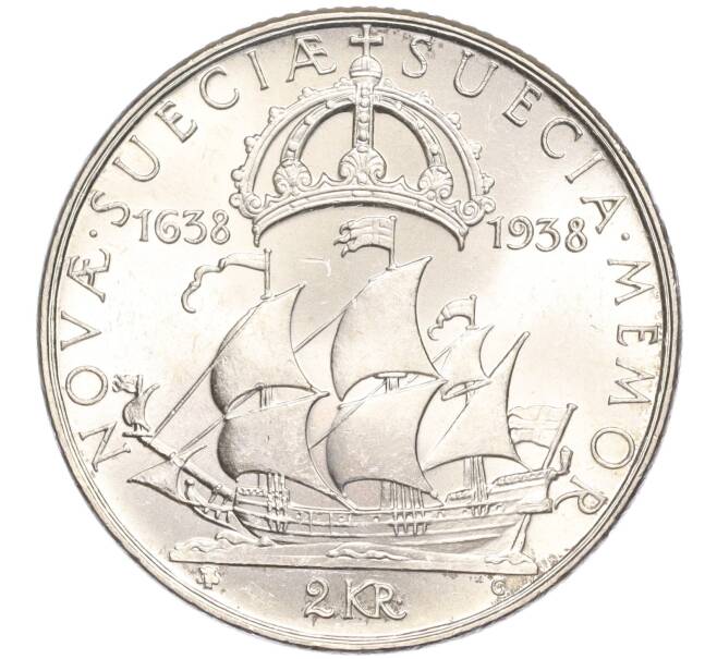 Монета 2 кроны 1938 года Швеция «300 лет поселению Делавэр» (Артикул M2-62477)