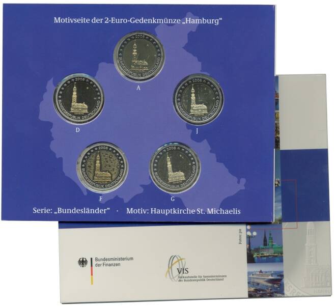 Набор из 5 монет 2 евро 2008 года Германия «Федеральные земли Германии — Гамбург (Церковь святого Михаила)» (Артикул M3-1131)