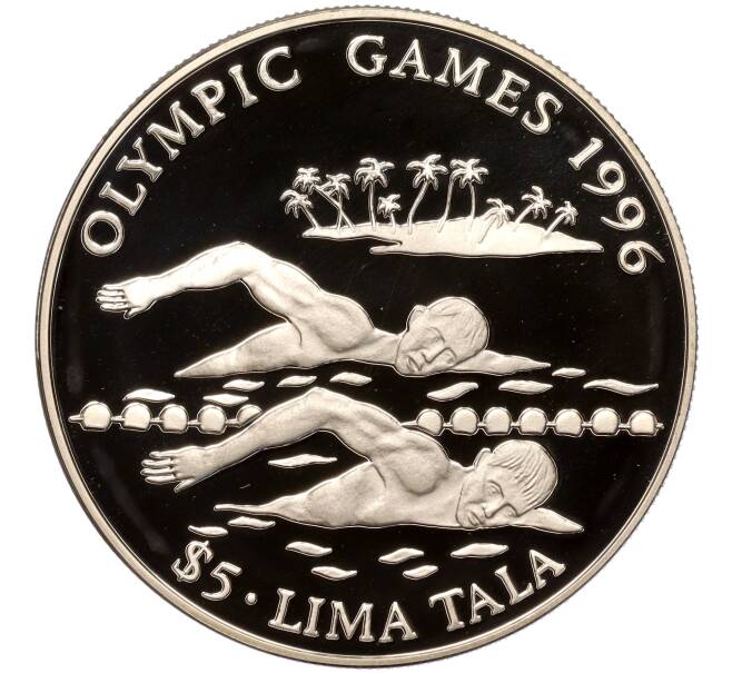 Монета 5 тала 1994 года Токелау «XXVI летние Олимпийские Игры 1996 в Атланте — Плавание» (Артикул M2-64134)