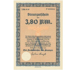 Налоговый ваучер в 3.80 рейхсмарок 1937 года Германия