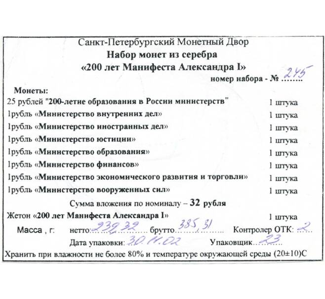 Набор сербряных памятных монет 2002 года ММД «200 лет манифесту Александра I об образовании министерств» (Артикул: M3-1155)