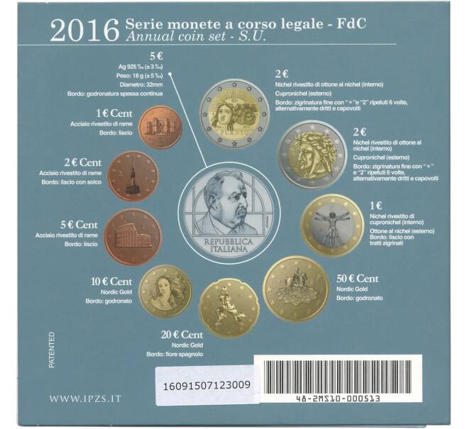 Годовой набор монет евро 2016 года Италия (Артикул: M3-1159)