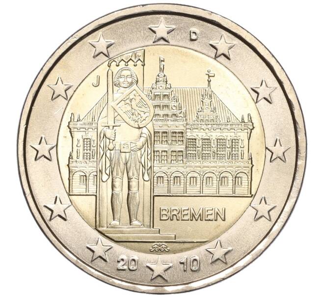 Монета 2 евро 2010 года J Германия «Федеральные земли Германии — Бремен (Городская ратуша и Роланд)» (Артикул M2-66462)