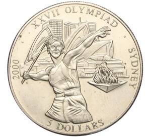 5 долларов 2000 года Либерия «XXVII летние Олимпийские Игры 2000 в Сиднее» (Малый диаметр — номинал снизу)