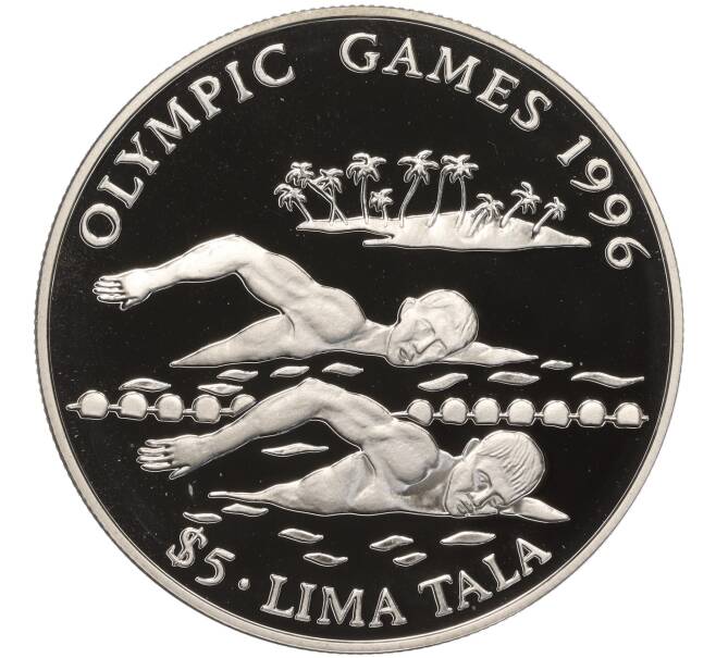 Монета 5 тала 1994 года Токелау «XXVI летние Олимпийские Игры 1996 в Атланте — Плавание» (Артикул K11-101020)