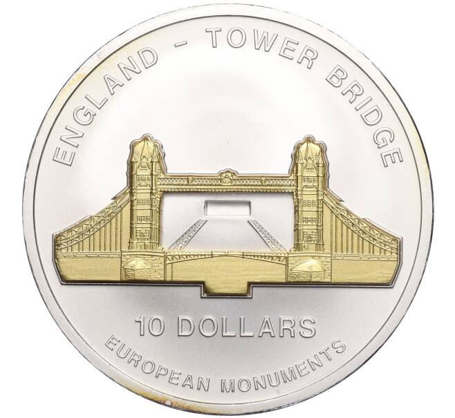 Монета 10 долларов 2005 года Науру «Европейские памятники — Тауэрский мост» (Артикул K11-101045)