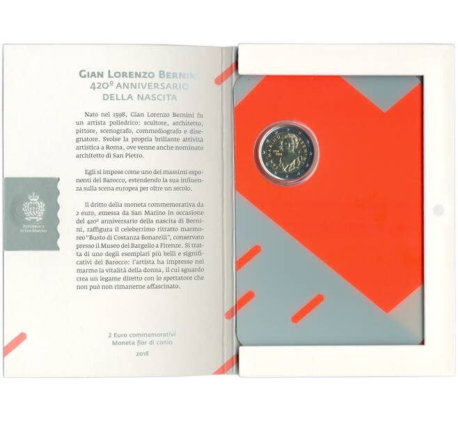 Монета 2 евро 2018 года Сан-Марино «420 лет со дня рождения Джованни Лоренцо Бернини» (В буклете) (Артикул M2-67305)