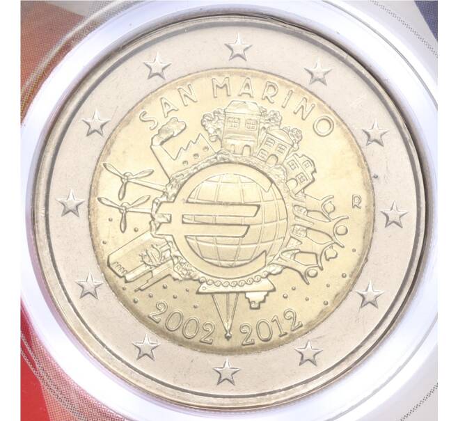 Монета 2 евро 2012 года Сан-Марино «10 лет евро наличными» (в буклете) (Артикул: M2-67342) — Фото №1