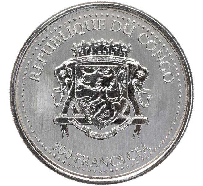 Монета 500 франков 2022 года Республика Конго «Смертоносные змеи Африки — Черная мамба» (Артикул M2-58429)
