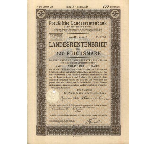 Акция (облигация) 200 рейхсмарок 1937 года Германия (Артикул: B2-11457) — Фото №1