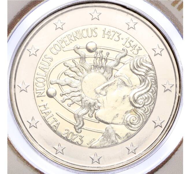 Монета 2 евро 2023 года Мальта «550 лет со дня рождения Николая Коперника» (в буклете) (Артикул M2-67506)