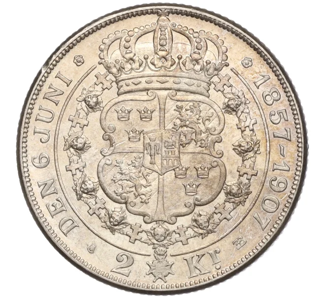 Монета 2 кроны 1907 года Швеция «50 лет свадьбе Короля Оскара II и Леди Софии» (Артикул M2-67834)