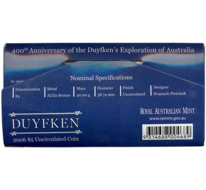 Монета 5 долларов 2006 года Австралия «400 лет исследованию Австралии Дайфкеном» (в блистере) (Артикул M2-67999)