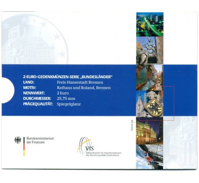 Набор монет из 5 монет 2 евро 2010 года Германия «Федеральные земли Германии — Бремен (Городская ратуша и Роланд)» (в буклете) (Артикул M3-1290)