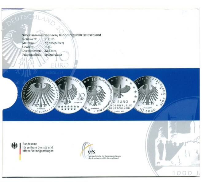 Набор монет из 5 памятных монет 10 евро 2015 года Германия (в буклете) (Артикул M3-1295)