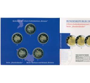 Набор монет из 5 монет 2 евро 2010 года Германия «Федеральные земли Германии — Бремен (Городская ратуша и Роланд)» (в буклете)