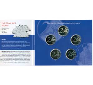 Набор монет из 5 монет 2 евро 2010 года Германия «Федеральные земли Германии — Бремен (Городская ратуша и Роланд)» (в буклете)