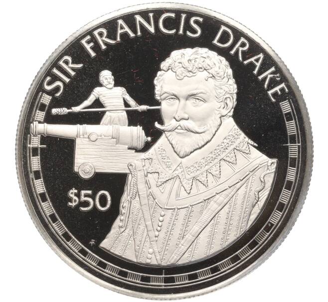 Монета 50 долларов 1988 года Острова Кука «Великие исследователи — Сэр Фрэнсис Дрейк» (Артикул M2-68311)