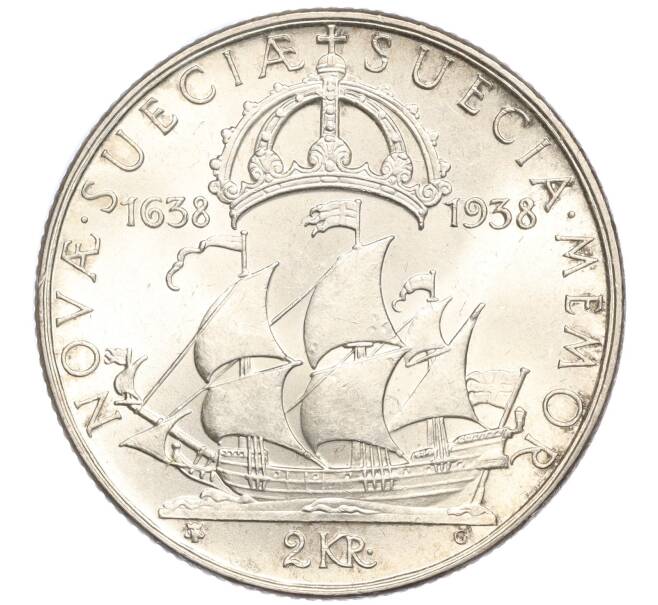 Монета 2 кроны 1938 года Швеция «300 лет поселению Делавэр» (Артикул M2-68692)