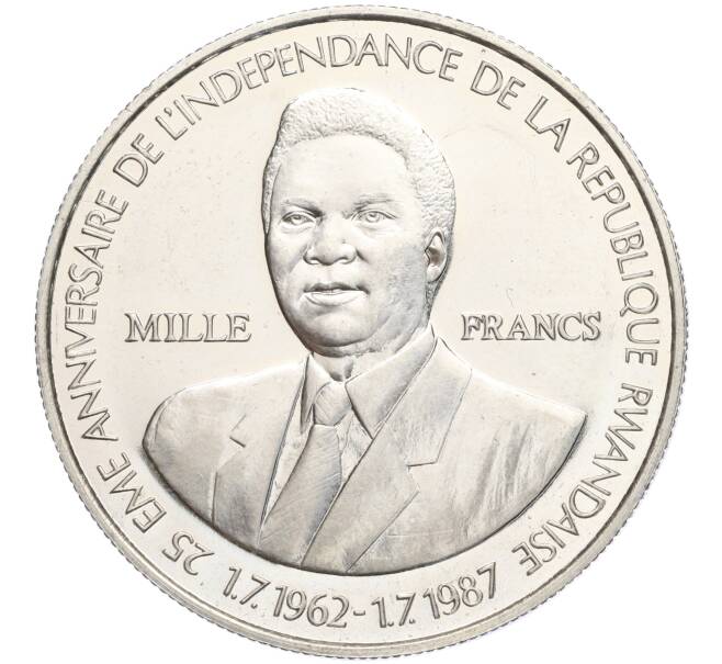 Монета 1000 франков 1989 года Руанда «25 лет Независимости и Национальному банку Руанды — президент Хабиаримана» (Артикул K11-103725)