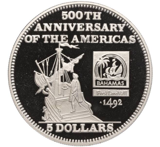 Монета 5 долларов 1991 года Багамские острова «500 лет открытию Америки — Христофор Колумб открывает Америку» (Артикул K27-84381)