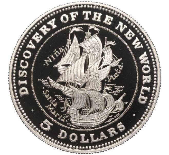 Монета 5 долларов 1992 года Багамские острова «Открытие Нового Мира» (Артикул K27-84382)
