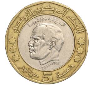 5 динаров 2002 года Тунис «2 года со дня смерти Хабиба Бургиба»